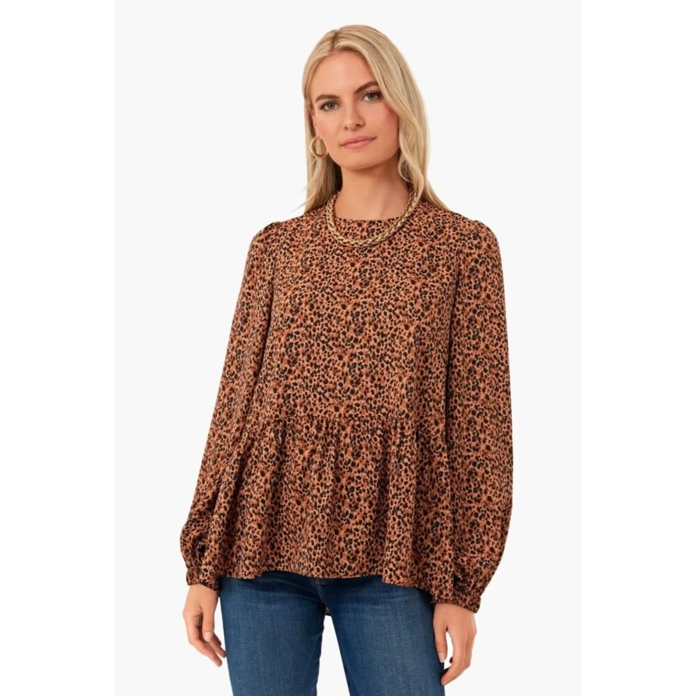 Pomander Place Carlotta Peplum Brown Leopard Print Top, NWT, Size XS/S